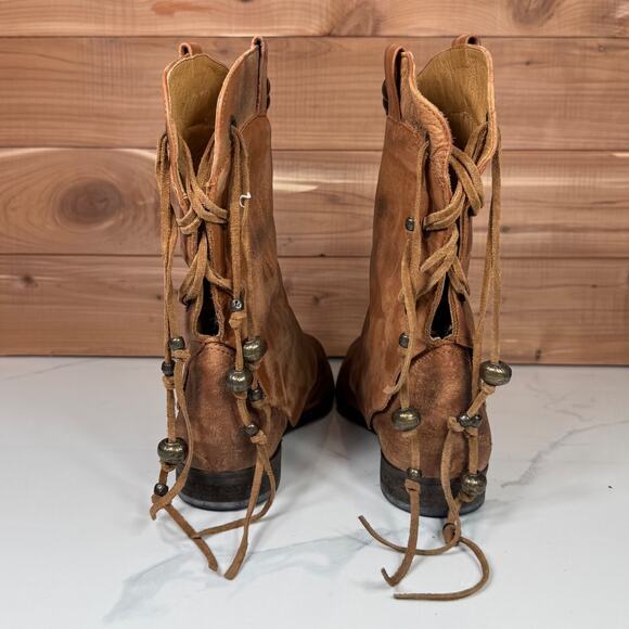 Free People Wayland Brown Distressed Leather Studs Back Ankle Boots Women's 6.5 - Picture 3 of 16